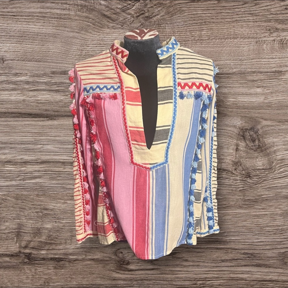 Dodo Bar Or Bohemian Tassel Fringe Embroidered Striped Cotton Long Sleeve Top S